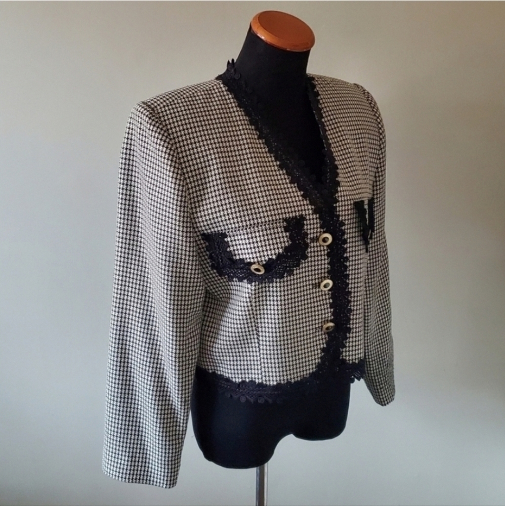 Beechers Brook M Vintage Old Money Timeless Classic Houndstooth Lace Crop Blazer - Picture 8 of 11